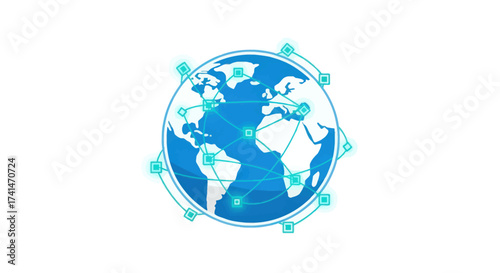 Stylized blue digital Earth globe with a global network connection graphic.
