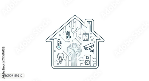Smart Home Technology Outline Icon with Circuit Board Design.