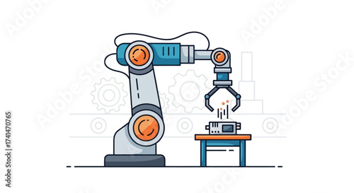 Modern Industrial Robotic Arm Assembling Electronic Component.