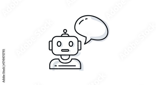 A simple black and white line art icon of a talking robot with a blank speech bubble.