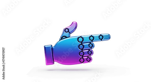 A vibrant blue and purple gradient robotic hand making a pointing gesture to the right.