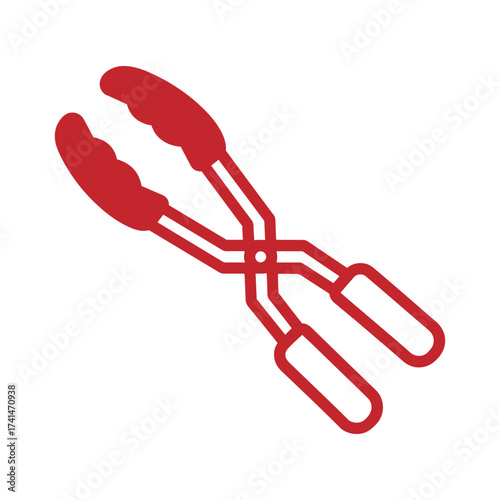 Stylized image of barbecue tongs with red grips and blue handles for grilling food