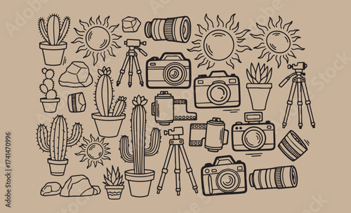 Vintage camera and cactus sketch collection on kraft paper