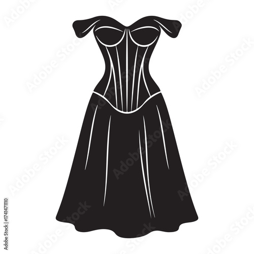 Black Silhouette of a Women's Corset Dress with Off-the-Shoulder Sleeves