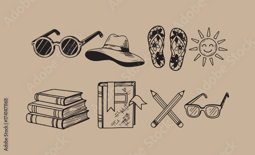 Hand drawn summer vacation and study items on brown background
