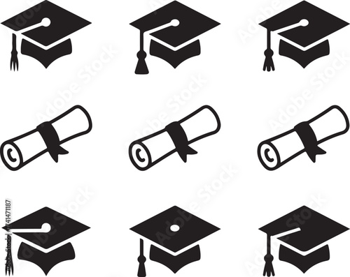 Graduation Caps and Diplomas Vector Set Academic Achievement Symbols Education Success Icons