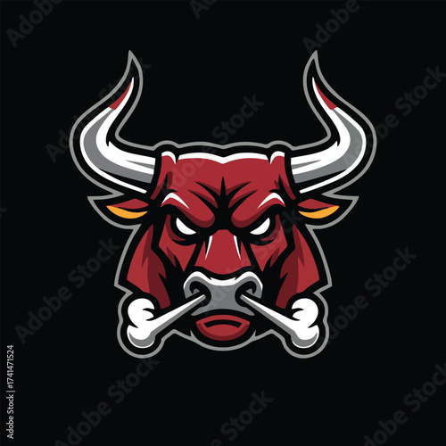 Angry Red Bull Head Mascot Logo with Bones - Aggressive Sport Team Vector Illustration