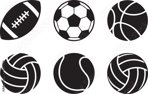 Sports Ball Silhouettes Collection American Football Soccer Basketball Vector Graphics Set