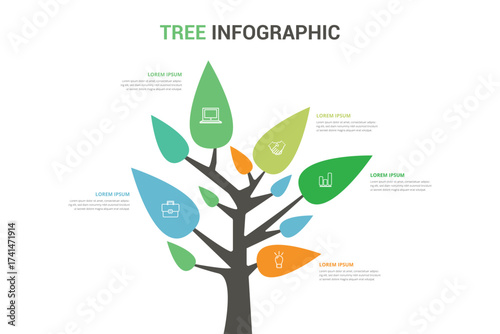 Creative tree infographic with colorful leaves for business strategy and environmental data visualization
