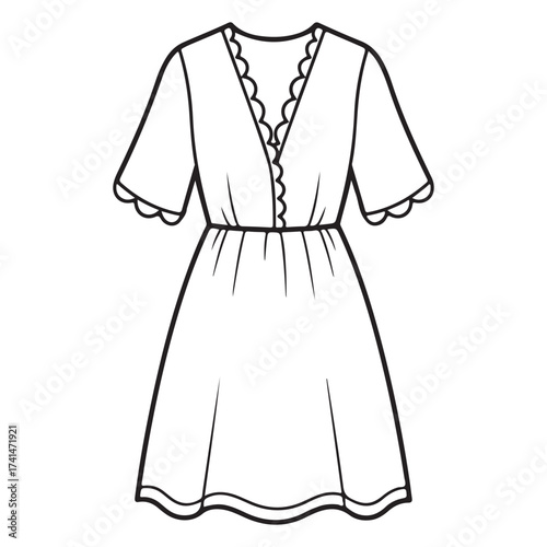  Women's V-Neck Wrap Dress Line Art Icon with Scalloped Trim and Elastic Waist