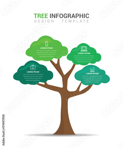 Tree infographic vector template with green nodes for business growth and eco presentation design