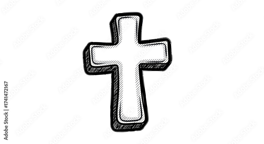 Obraz premium Hand-drawn Christian cross with a bold outline and subtle shading.