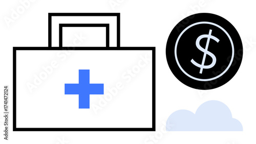 Medical kit with a blue cross, dollar coin emphasizing cost, and cloud for modernity. Ideal for healthcare, finance, insurance, investment, cost-saving, innovation and simple flat metaphor