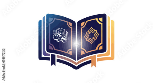 Open Holy Quran Book with Arabic Calligraphy and Decorative Borders.