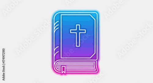 Glowing Neon Bible with Cross Symbol Religious Book Illustration.