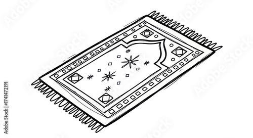 Hand-drawn Islamic prayer rug with intricate geometric patterns and tassels.