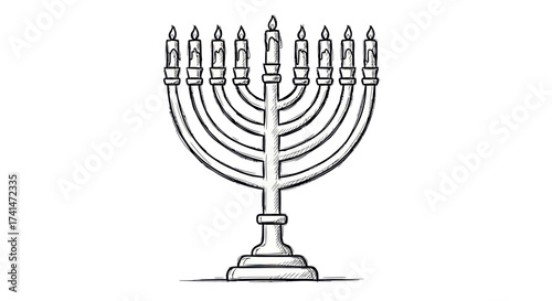A hand-drawn black and white sketch of a traditional Hanukkah menorah with nine lit candles.