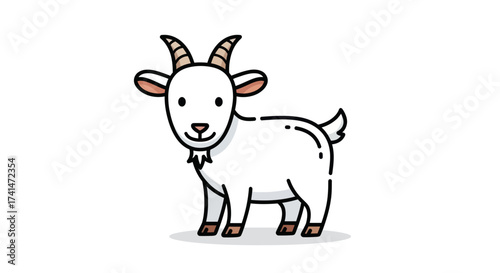 Adorable Cartoon White Goat with Curved Horns and Friendly Expression.