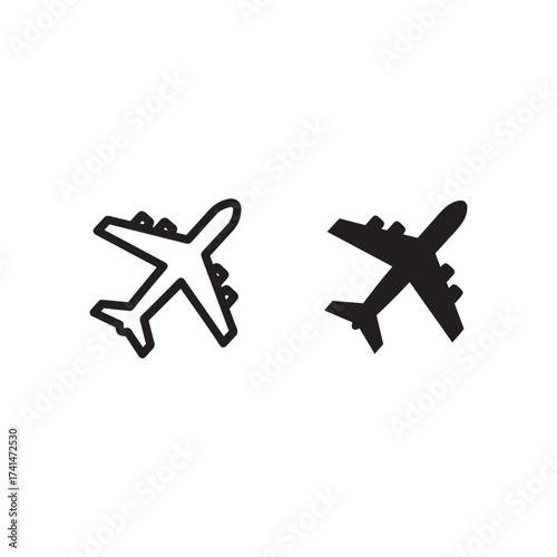 Two airplane silhouettes one outline one solid for travel and aviation concepts