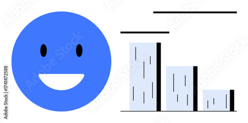 Smiling blue face beside a decreasing bar graph, signifying satisfaction, feedback, or performance trends. Ideal for analytics, feedback, emotions, surveys, performance data presentation simple