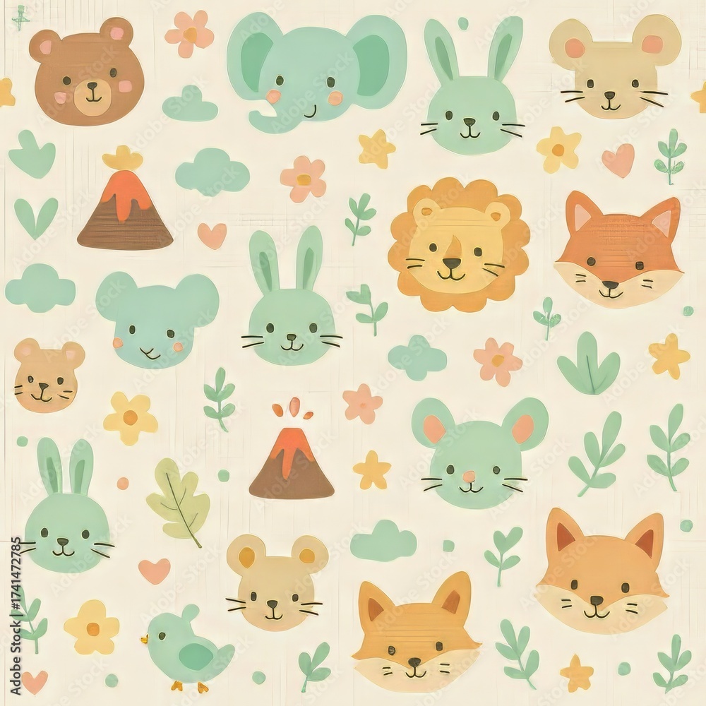 Obraz premium Adorable cartoon animal faces and nature elements arranged on a cream background