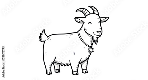 Adorable cartoon goat with a bell and star pendant standing happily.