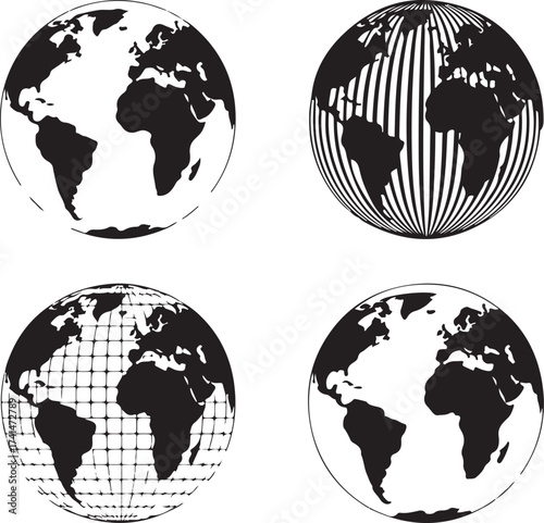 Detailed Globe Collection Earth Map Vector Illustration World Geography Cartography Set