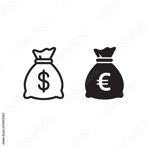 Two money bags icon set featuring dollar and euro symbols for finance and currency