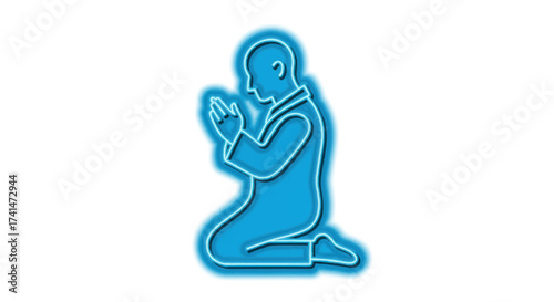 Blue Neon Silhouette of a Person Kneeling in Prayer.