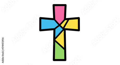 Colorful Stained Glass Style Christian Cross Symbol.