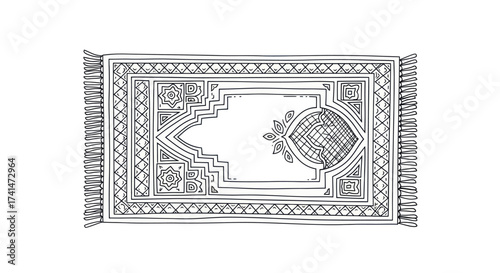 Detailed line art drawing of a traditional Islamic prayer rug with intricate patterns and fringes black and white.