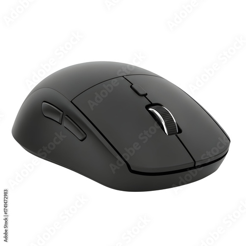 Sleek black wireless gaming mouse with ergonomic design, perfect for precision and comfort isolated on transparent background