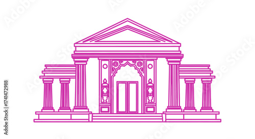 Ornate Pink Classical Building Facade with Columns and Pediment.