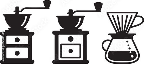 Coffee Grinder Vector Illustration Manual Mill Tool Beverage Preparation Icon Set