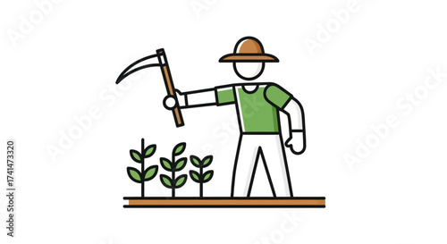 Stylized color line icon of a farmer holding a scythe next to growing plants.