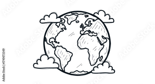 Hand-drawn Earth globe with clouds showing continents and oceans.