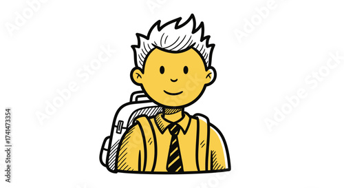 Hand-drawn cartoon illustration of a young student boy with spiky hair and a backpack.