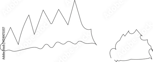 Minimalist hand drawn outline of jagged mountain peaks and a smaller bushy hill