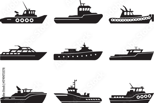 Set of Boat Silhouettes Nautical Vessel Watercraft Transportation Maritime Transport Icons
