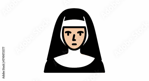 Cartoon Nun Icon with Black Habit and White Wimple.