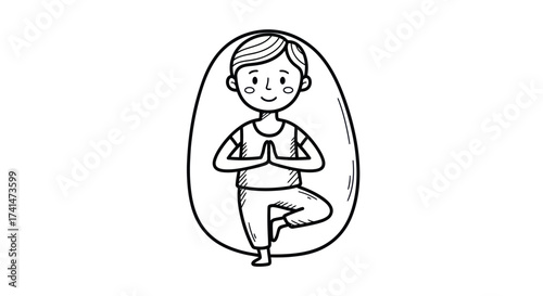 Hand-drawn cartoon person doing yoga tree pose line art.