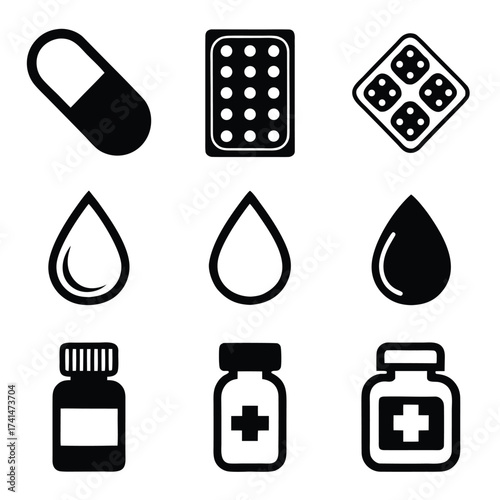 Black and white icons of medical supplies including pills drops and bottles capsule medicine