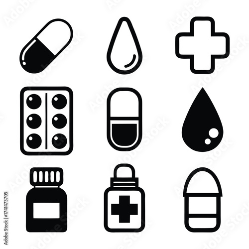 Black and white icons of medical supplies including pills drops and crosses capsule medicine