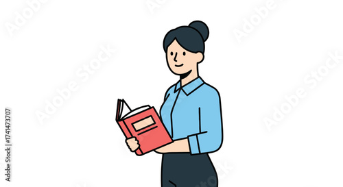 Smiling Woman Reading a Red Book with Open Pages.