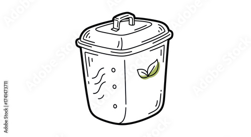 Hand-drawn line art illustration of a kitchen compost bin with a green leaf logo for organic waste.