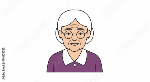 Smiling Elderly Woman Illustration with White Hair and Glasses.