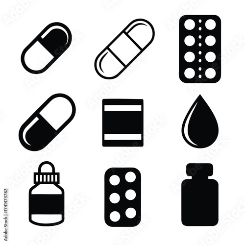 Black and white icons of pills capsules blister packs and bottles medicine medical