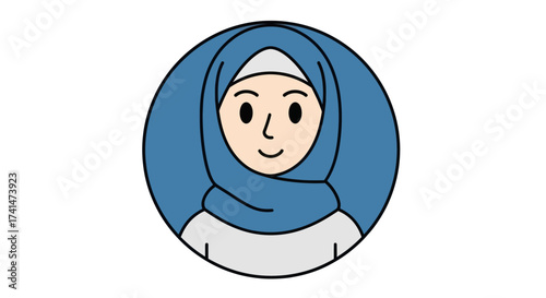 A simple cartoon illustration of a smiling Muslim woman wearing a blue hijab framed in a circle.