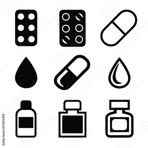 Collection of black medical icons including pills and bottles on white background capsule medicine