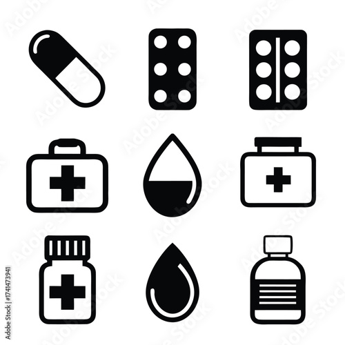 Medical icons capsule pill blister pack first aid kit droplet and bottle health care
